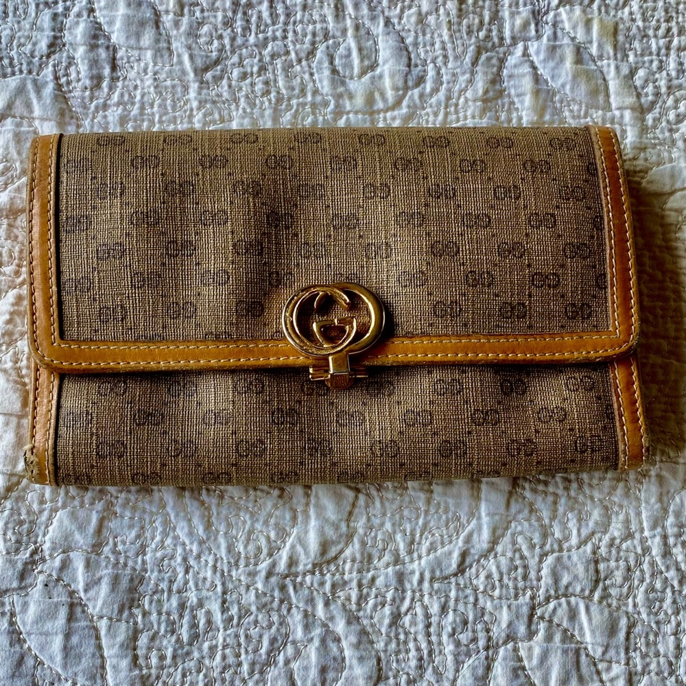 Vintage Gucci Accessories Wallet Micro Monogram Canvas Tan Leather AS IS Wear